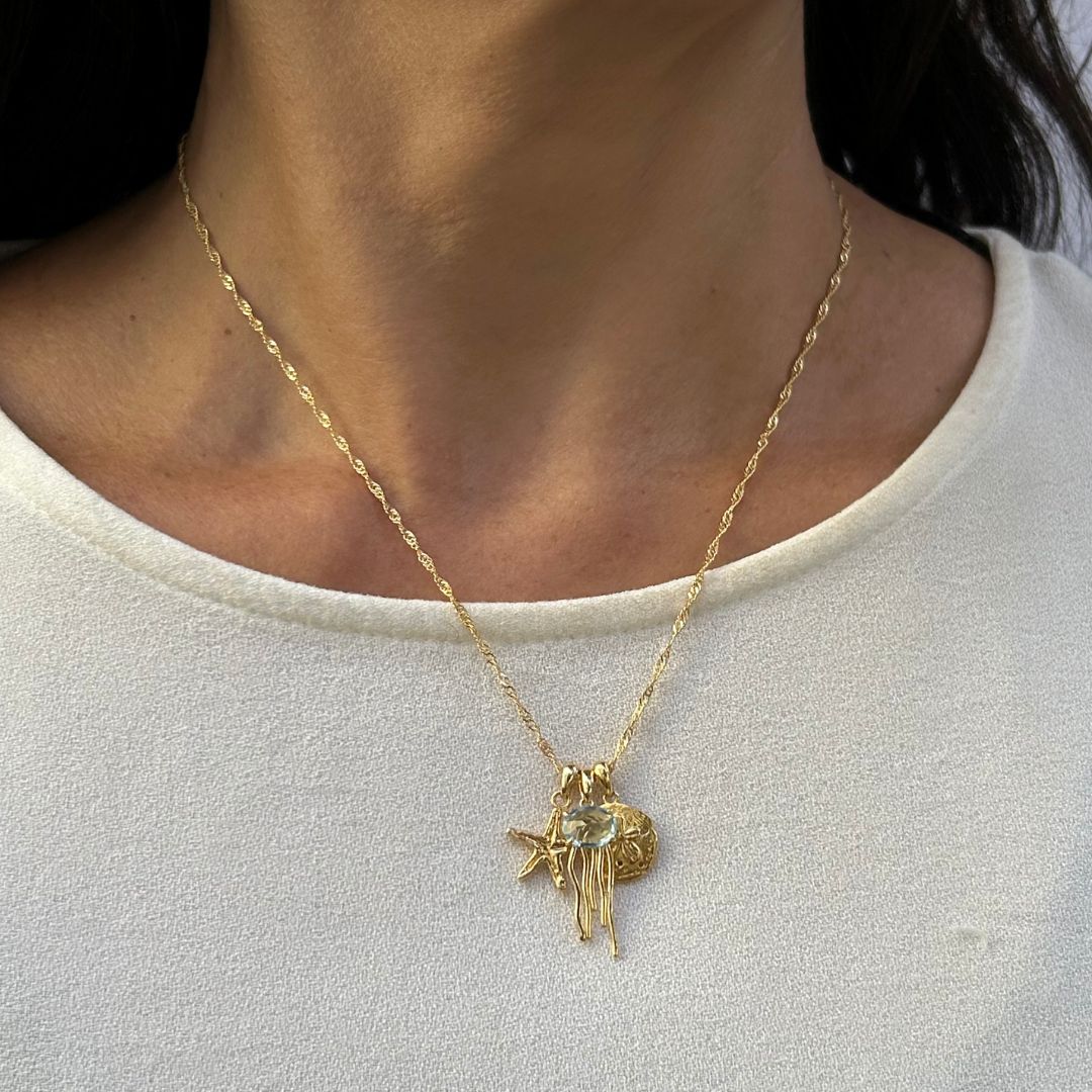 Corrente Singapura, banho de ouro 18k, com pingentes, Ateliê Rubi